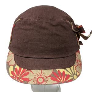 Grace Army Cap Brown One Size Floral Patterned Brim Side Bow Linen Rayon Hat